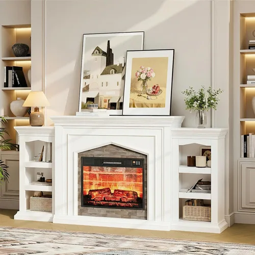 Vista 12 de LGHM Soporte de TV con chimenea eléctrica LED con tomacorriente, mantel de chimenea de 72 pulgadas para televisores de hasta 80 pulgadas, moderno