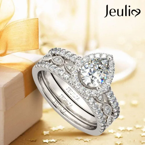 Vista 5 de Jeulia Juego de anillos de halo de corte pera, anillo de compromiso con forma de corazón CZ para mujer, plata de ley, diamante blanco, anillos