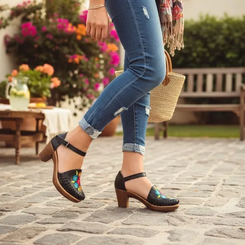 Vista 7 de Zapatos Mexicanos de Piel con Flores Bordadas, con Tacones para Mujer - Modelo 102BL