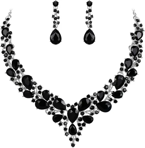 Vista 8 de BriLove Women's Wedding Statement Necklace Dangle Earring Jewelry 01-Tono plateado transparente