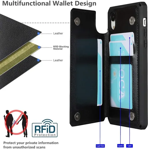 Vista 3 de iCoverCase Funda compatible con iPhone XR con tarjetero para mujer, con bloqueo RFID en relieve, de piel sintética, con correa de muñeca