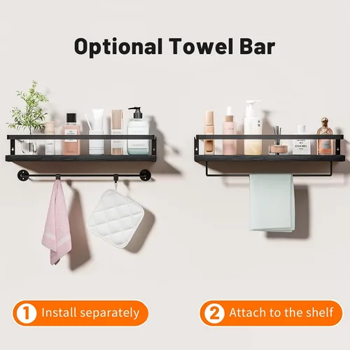 Vista 4 de Estantes de baño con toallero, estantes flotantes para baño, cocina, dormitorio, madera de paulownia, marco de metal negro mate, juego de 2
