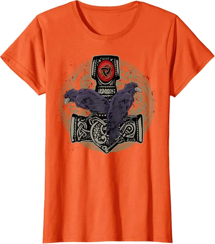 Vista 45 de Thors Hammer Mjolnir Huginn and Muninn Odin Raven - Camiseta, Negro, S
