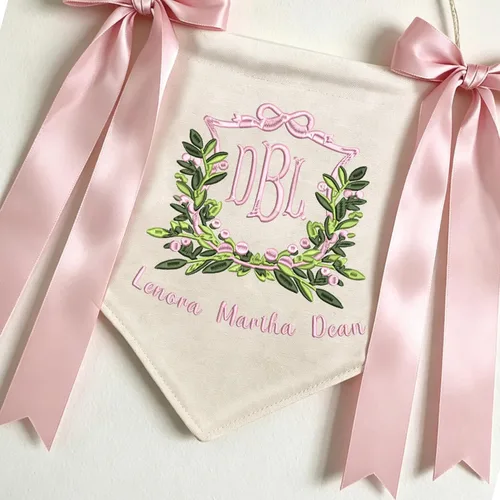 Vista 2 de Letrero personalizado de bienvenida para bebé, bandera bordada con nombre, letrero para puerta de hospital de bebé, con lazos, decoración de baby