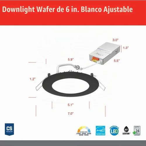 Vista 5 de Juno Luces LED empotrables de 6 pulgadas, luz descendente de oblea redonda 5 en 1, temperatura de color blanco conmutable, 120 voltios, borde plano