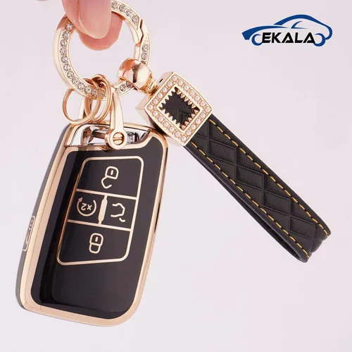 Vista 5 de EKALA Funda para llavero Volkswagen con llavero de cuero, 4 botones de TPU suave, compatible con Volkswagen Tiguan Atlas Passat Jetta Golf Alltrack