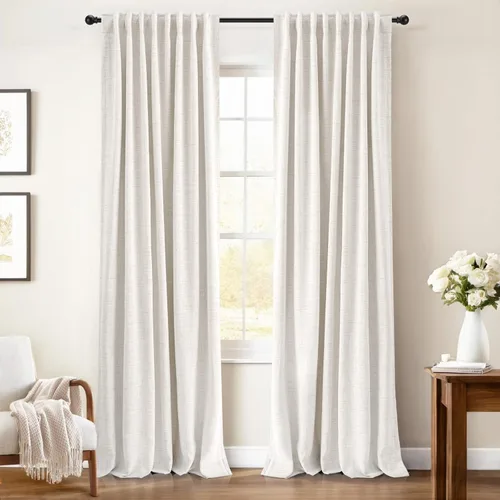 Vista 21 de INOVADAY Cortinas 100% opacas de 63 pulgadas de largo, juego de 2 paneles de lino con pestaña trasera, bolsillo para barra, cortinas opacas