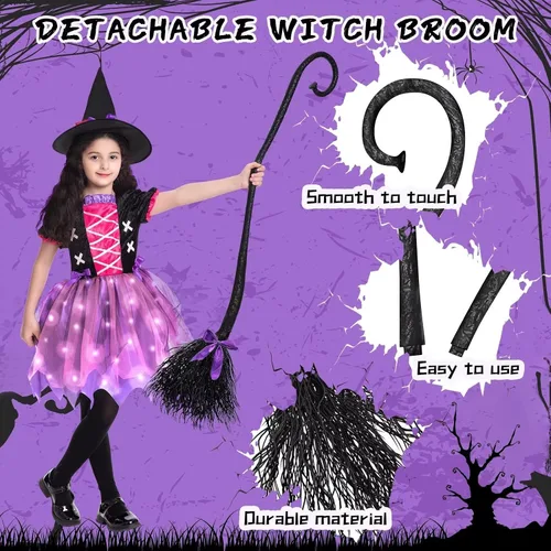 Vista 4 de Poshetion Halloween Witch Costume for Girls Light Up Toddler Witch Dress with Hat and Broom for Halloween Role-Play Party