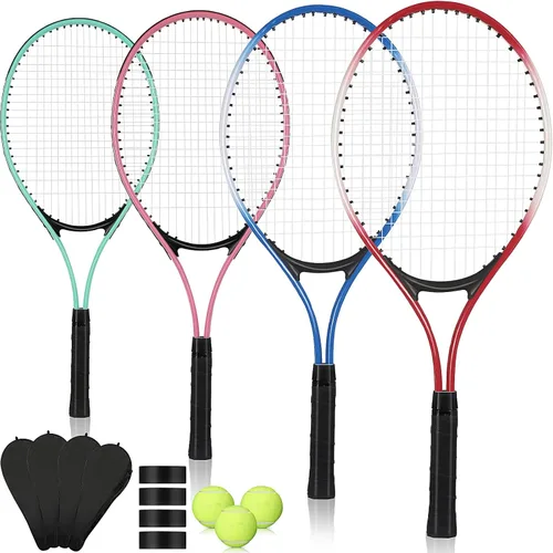 Vista 7 de 4 raquetas de tenis para adultos recreativas para 4 jugadores, raqueta de tenis ligera de 27 pulgadas con 3 pelotas de tenis para entrenar