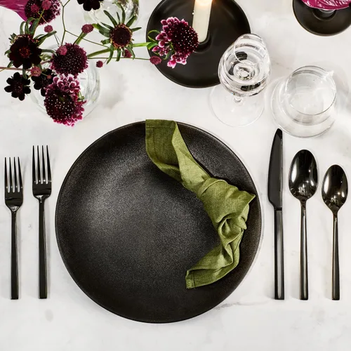 Vista 6 de Juego de cubiertos negros KINGSTONE, juego de 20 piezas de cubertería de acero inoxidable premium, servicio para 4, para cocina, hogar, boda