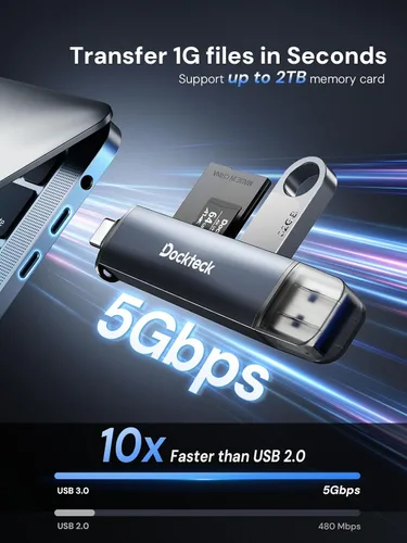 Vista 2 de Dockteck Lector de Tarjetas SD, Lector de Tarjetas SD/TF de Super Velocidad 5G USB3.0, Lector de Tarjetas de Memoria de 3 Ranuras USB A/C a SD/Micro