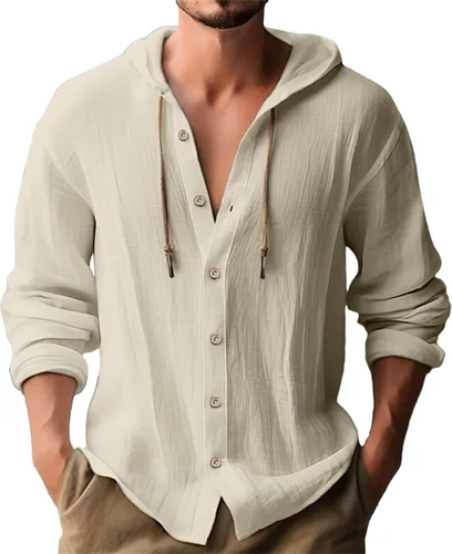 Vista 5 de Sudaderas con capucha de lino con botones para hombre, cuello en V, manga larga, verano, playa, yoga, hippie, con cordón, de algodón, guayabera