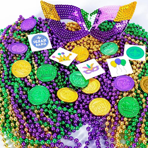 Vista 3 de MGparty 168 piezas de accesorios de Mardi Gras, máscaras, cuentas, collares, monedas, tatuajes, carnaval, desfile de máscaras, suministros