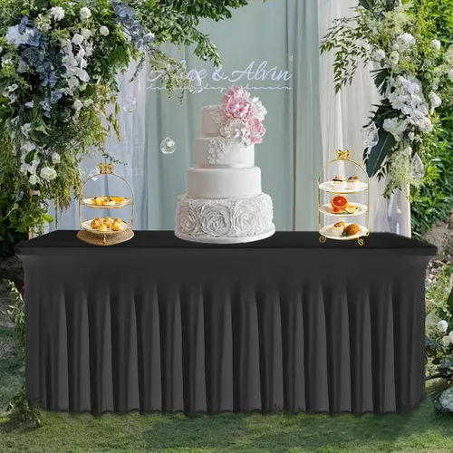 Vista 2 de Falda de mesa negra, de elastano, sin arrugas, 6 pies, mantel elástico ajustable lavable para mesas rectangulares para bodas, banquetes, fiestas