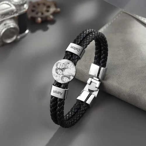 Vista 4 de Pulsera de cuero personalizada para hombre, grabada con nombre, imagen, foto, cuerda trenzada para papá, marido, abuelo, novio