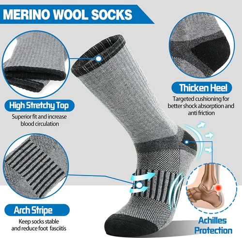 Vista 3 de 5 pares de calcetines de senderismo de lana merina, cálidos, térmicos, acogedores, acolchados, absorben la humedad, para mujeres y hombres