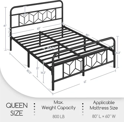 Vista 2 de YAHETECH - Base de cama metálica con cabecera y estribo de patrón de diamante, soporte de listones de acero resistente, almacenamiento debajo