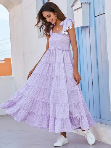 Vista 3 de Floerns - Vestido de verano para mujer estilo bohemio estampado floral con tira de amarre acampanado largo