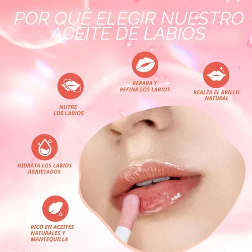 Vista 6 de LANGMANNI Aceite de labios hidratante, brillo labial no pegajoso, bálsamo labial, cuidado labial, aceite labial con sabor a fruta para labios secos