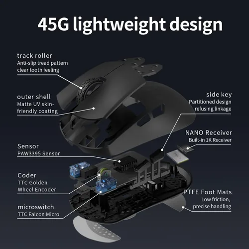 Vista 4 de Darmoshark M3XS - Mini mouse inalámbrico para juegos, trimodo 2.4G/USB-C/Bluetooth, hasta 26000DPI, sensor óptico PAW3395 ligero, 1.59 oz, 5 botones
