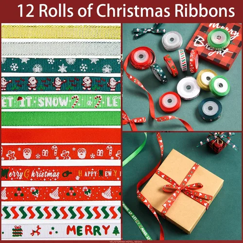 Vista 2 de SANNIX 12 rollos de cinta de Navidad de 60 yardas para envoltura de regalos, cinta de envoltura de Navidad de 3/8 pulgadas con estampado de copos