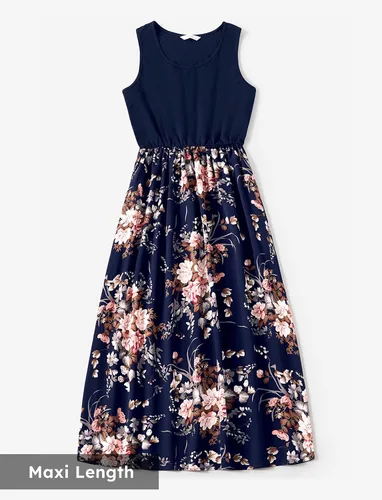 Vista 3 de PATPAT Conjuntos familiares a juego para mamá y yo, vestidos tropicales bohemios florales sin mangas, vestidos largos y camisetas a juego, Azul