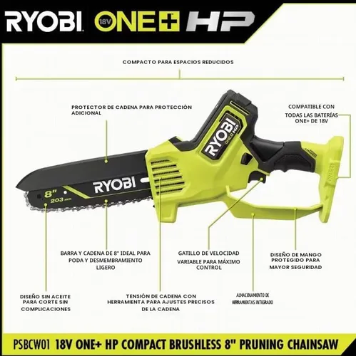 Vista 3 de RYOBI Mini motosierra compacta de poda con batería de 18V sin escobillas de 8 pulgadas (solo herramienta)