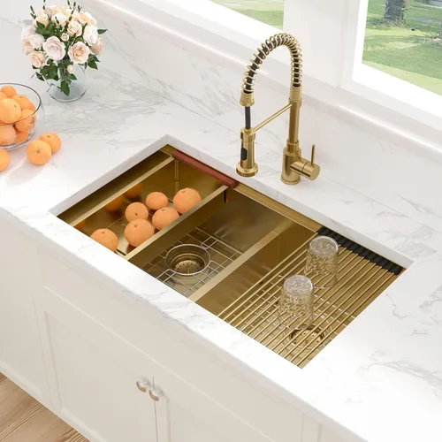 Vista 3 de Sarlai Fregadero de Cocina Dorado Bajo Encimera de 33 Pulgadas Doble Tazón 33 x 19 Pulgadas Bajo Dividido Dorado Estación de Trabajo Fregadero Doble
