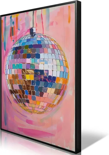 Vista 13 de Arte de Pared en Lienzo de Bola de Discoteca Rosa Suave de Moda, Póster con Textura de Bola de Espejo Plateada Funky para Chica, Impresión