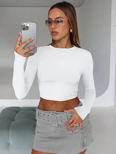 Vista 3 de Trendy Queen Camisetas cortas de manga larga para mujer, camisetas básicas Blanco