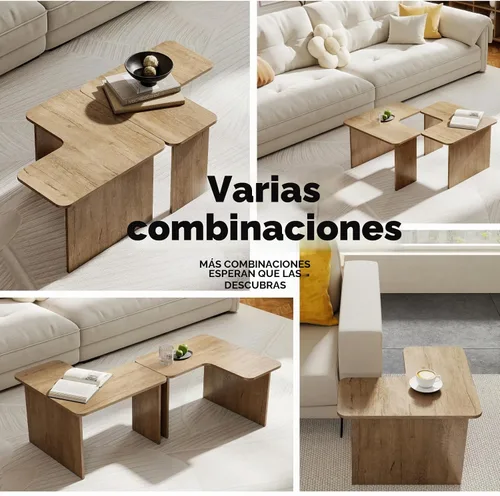 Vista 4 de Juego de 2 mesas de centro anidables modernas, de madera natural, en forma de L, para sala de estar, mesa auxiliar pequeña con mesa central ligera