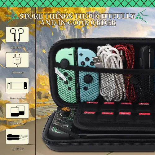 Vista 6 de HYPERCASE Carrying Case Compatible with Nintendo Switch OLED of Zelda, Black Travel Case with Waterproof Protective Cover, Glass Screen Protector, 2