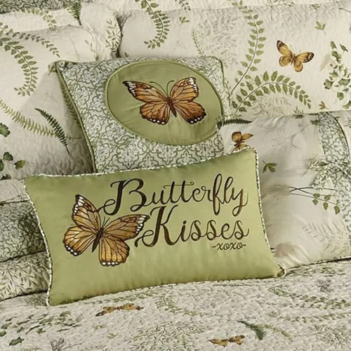 Vista 5 de Butterfly Eden - Almohada bordada de besos de mariposa, verde musgo, 14 x 20 pulgadas Mariposa bordada y palabras en rectángulo verde musgo