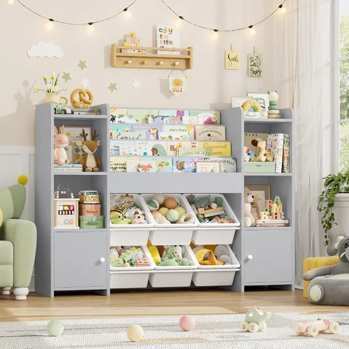 Vista 5 de FINETONES Organizador de almacenamiento de juguetes con 6 cubos de juguetes, organizador de juguetes para niños con 6 cubículos, organizadores