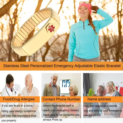 Vista 2 de Pulsera de alerta médica para hombres y mujeres, pulsera de identificación médica ajustable ajustable de acero inoxidable para diabetes, alergias