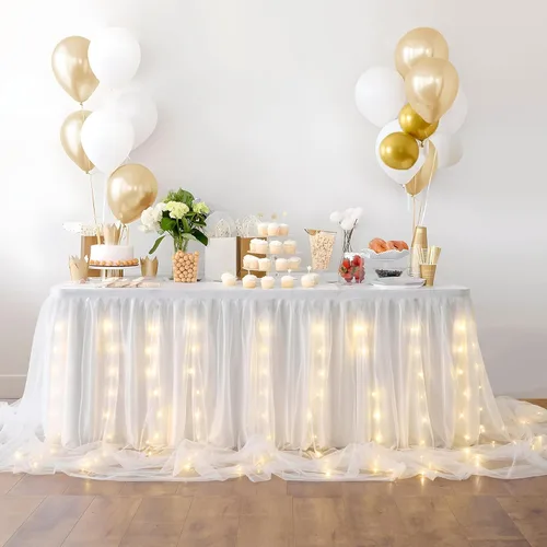 Vista 8 de Leegleri Falda de mesa de tul azul bebé con tutú y LED para baby shower, bodas, fiestas de cumpleaños - 15 pies para mesas rectangulares o redondas