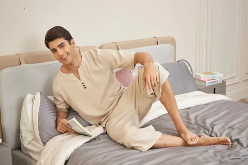 Vista 8 de COOFANDY Conjunto de 2 piezas de lino para hombre, camisa Henley de manga corta y pantalones capri harén, pierna ancha, holgados, pantalones de yoga
