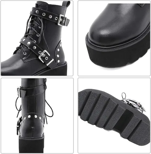 Vista 2 de CYNLLIO - Botas estilo combate de moda al tobillo de mujer plataforma en bloque con cordones y tachas botas de motocicleta a mitad de la pantorrilla
