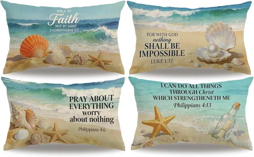 Vista 9 de Juego de 4 fundas de almohada de playa de verano con estrellas de mar y océano azul, rectangular, fundas de cojín de cintura con temática náutica