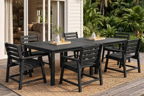 Vista 19 de Juego de comedor al aire libre HDPE para 4, mesa cuadrada y Negro