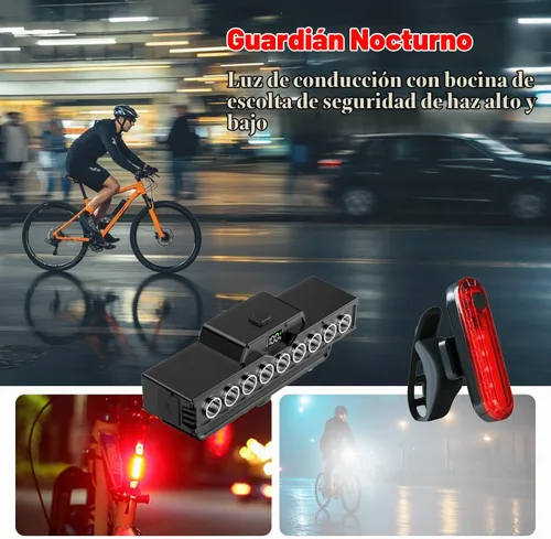 Vista 9 de Faro de bicicleta recargable impermeable con bocina, 9 LED y 7 modos, IPX5 impermeable, batería de larga duración con pantalla de alimentación