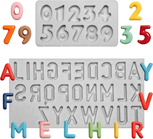Vista 10 de 26 moldes de silicona con letras mayúsculas, 3D del alfabeto número 0-9 moldes de chocolate, para cumpleaños, aniversario, día de San Valentín