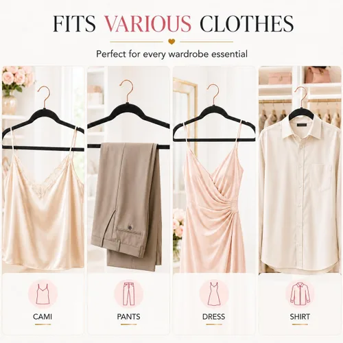 Vista 4 de Smartor Paquete de 50 perchas de terciopelo antideslizantes con gancho de oro rosa, perchas de terciopelo resistente para ropa de adultos, abrigos