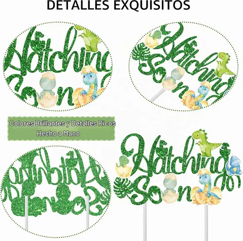 Vista 4 de Decoración para pastel de dinosaurio para eclosionar, decoración de dinosaurio para baby shower, temática de dinosaurio con purpurina verde
