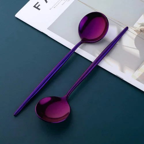 Vista 3 de MINGYU Modern - Juego de 8 cucharas de sopa redondas pesadas con mango largo, cuchara de titanio de acero inoxidable de 8.3 pulgadas, cucharas