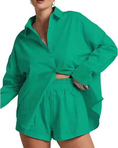 Vista 2 de Conjunto casual de 2 piezas para mujer blusa con botones y pantalones cortos de cintura alta conjunto de overoles