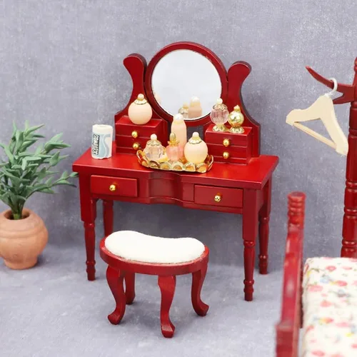Vista 5 de AirAds casa de muñecas a escala 1:12, muebles en miniatura, taburete rojo con espejo de tocador, juego de 2