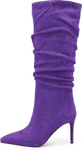 Vista 17 de Zamikoo Botas holgadas de tacón alto para mujer, botas de tacón de aguja altas hasta la rodilla, puntera puntiaguda, elásticas, botas altas de meter