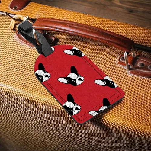 Vista 3 de Etiquetas para maleta de viaje, diseño de bulldog francés, fondo rojo, etiqueta de equipaje de piel sintética con etiqueta de identificación