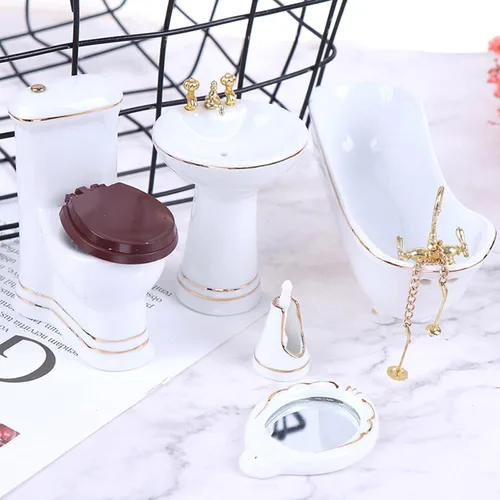 Vista 2 de 1:12 Juego de baño de porcelana en miniatura para casa de muñecas, 5 piezas, lavabo de cerámica blanca, espejo de bañera, muebles en miniatura